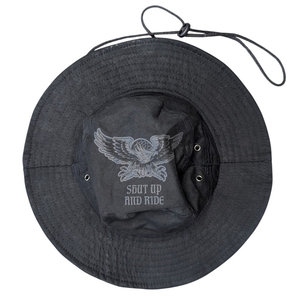 Crooked Clubhouse Black Boonie Hat‎ Adjustable Neck Strap Summer Sun Hat Biker